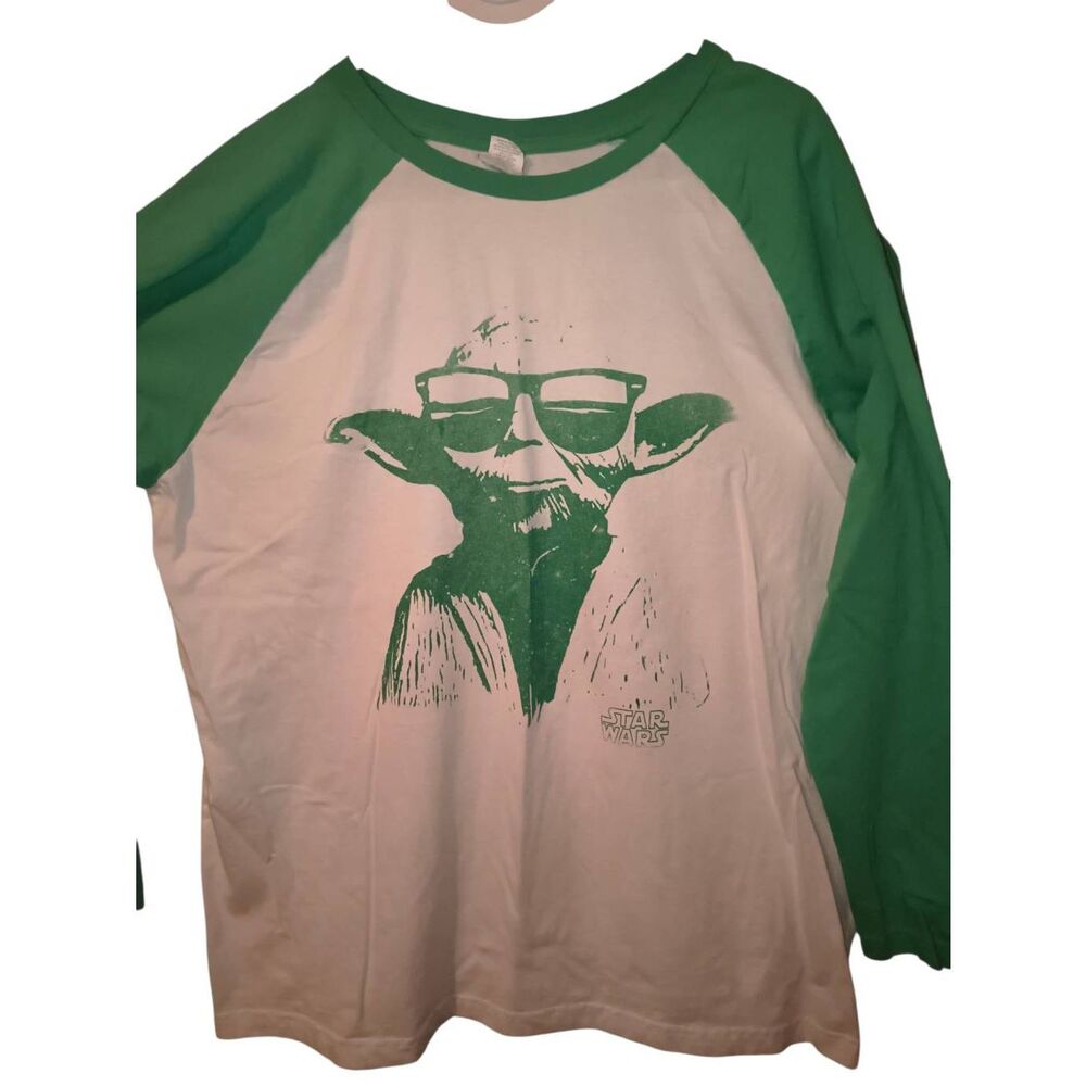 Star Wars Yoda Sunglasses White and Green Baseball T-Shirt Long sleeve Size 2X (